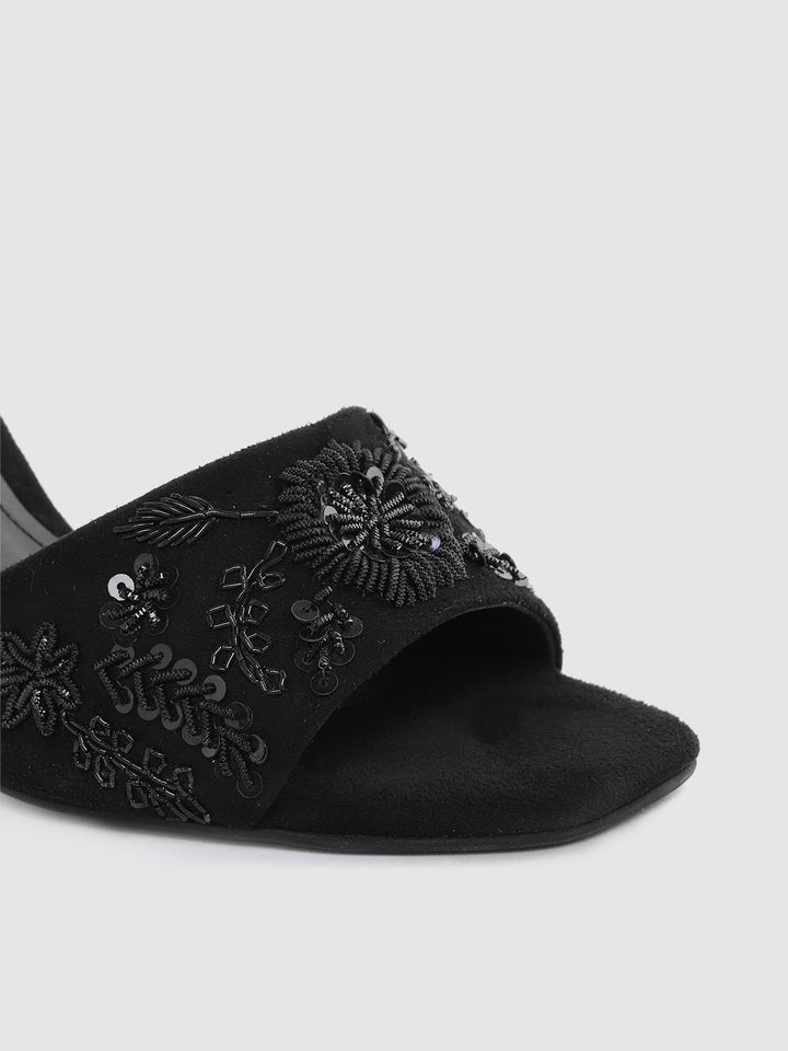 House of Pataudi Women Black Western Embellished Handcrafted Heels