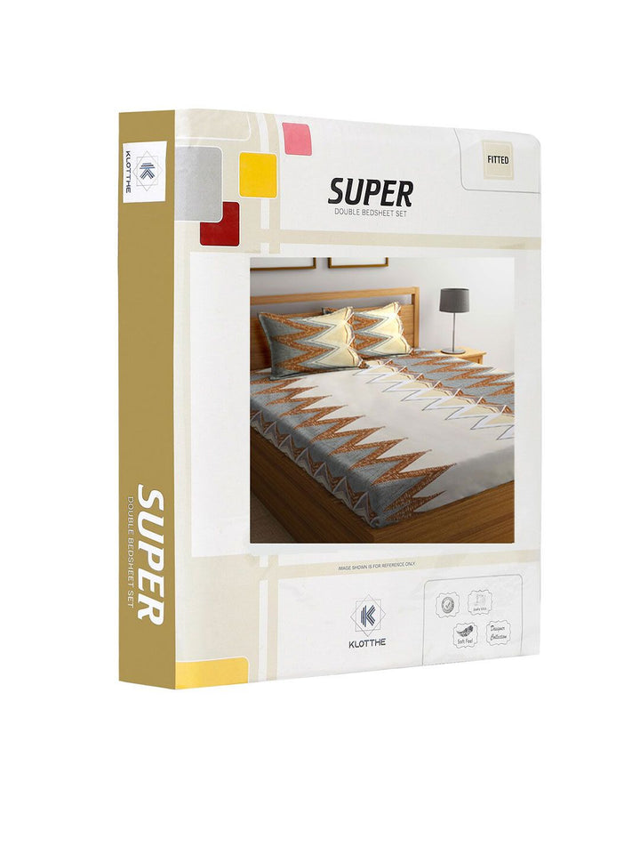 KLOTTHE Grey Chevron Cotton 300 TC Fitted King Fine Bedsheet dengan 2 Sarung Bantal-98 x 87 inci