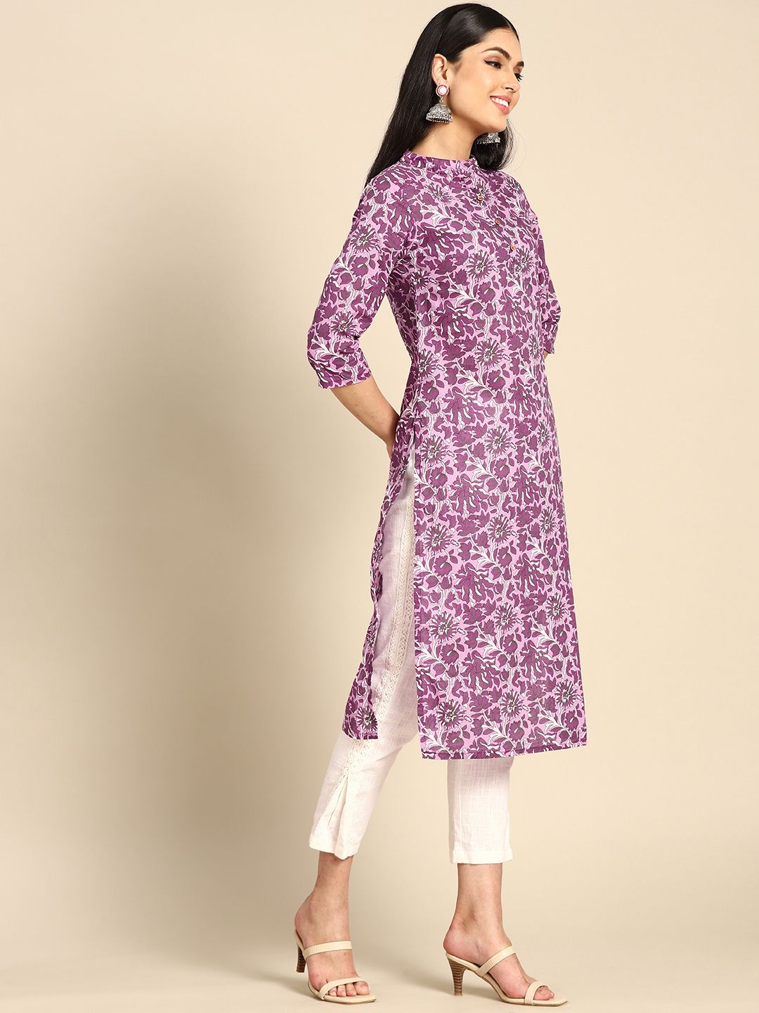 Anouk Women Purple & White Pure Cotton Ethnic Motifs Printed Kurta