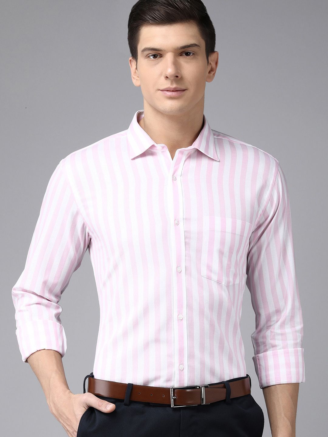 Park Avenue Men White & Pink Slim Fit Striped Formal Shirt