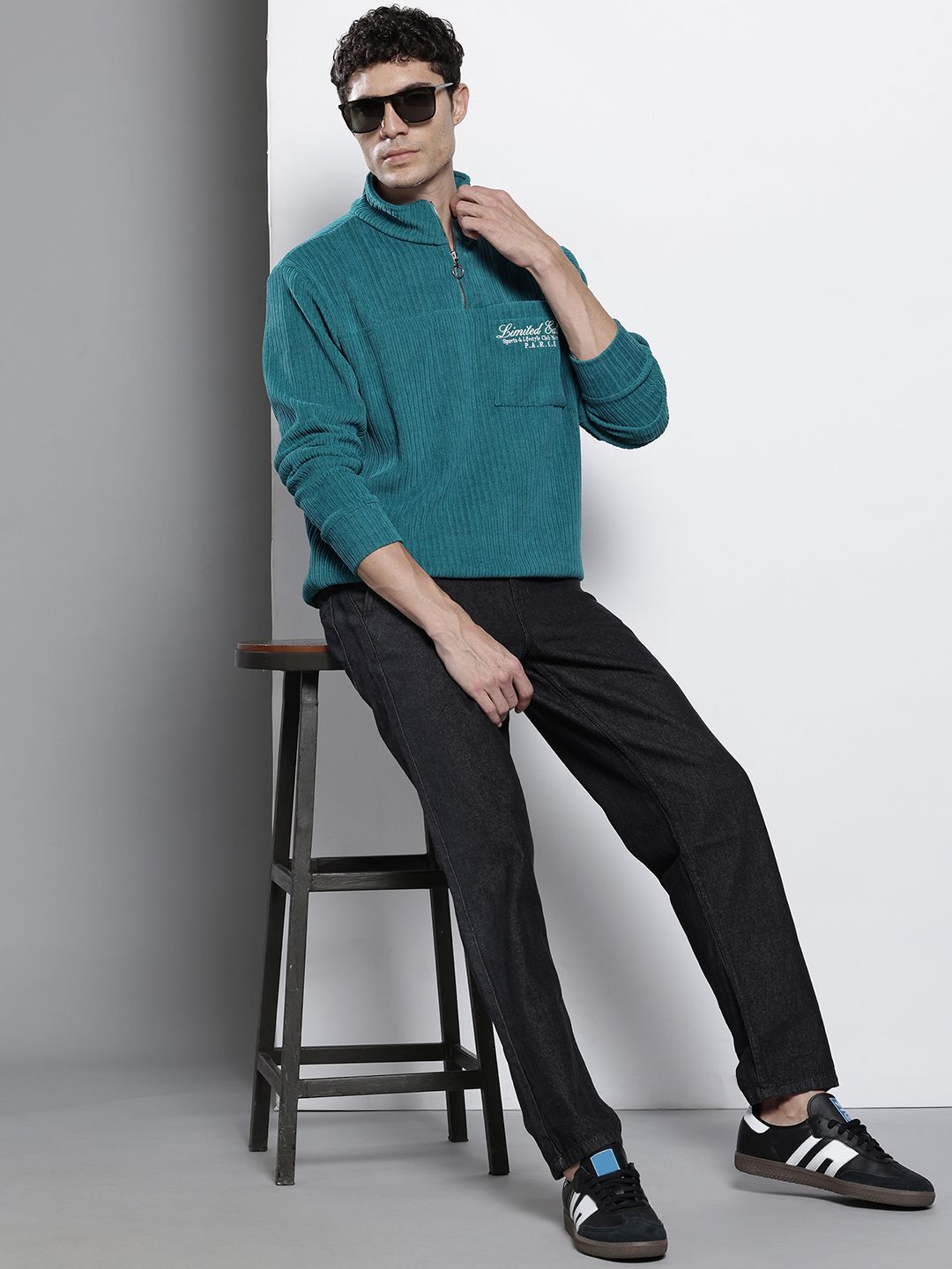 The Indian Garage Co Self Striped Typography Printed Corduroy Relaxed Fit Sweatshirt