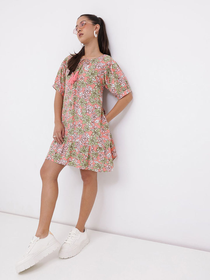DressBerry Vibrant Blooms Floral Printed Tie-Up Neck A-line Dress