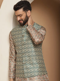 Anouk Beige Etnic Motif Tenunan Rekaan Kurta Lurus Dengan Jaket Churidar & Nehru