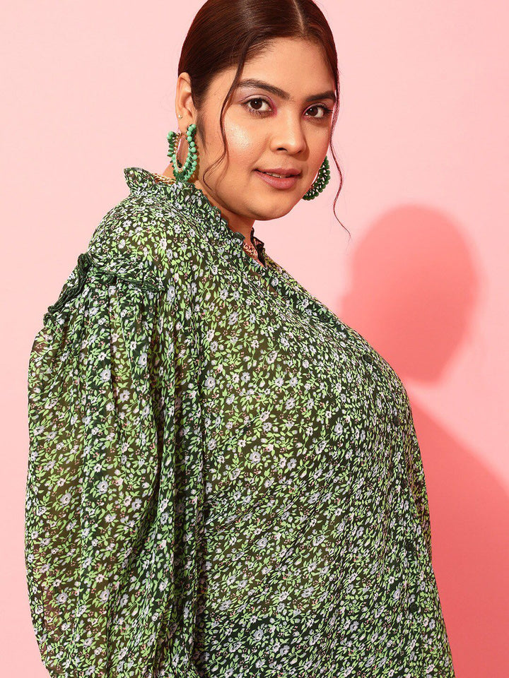 CURVY STREET Plus Size Floral Printed Puff Sleeves Satin Top