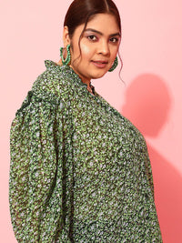 CURVY STREET Plus Size Floral Printed Puff Sleeves Satin Top