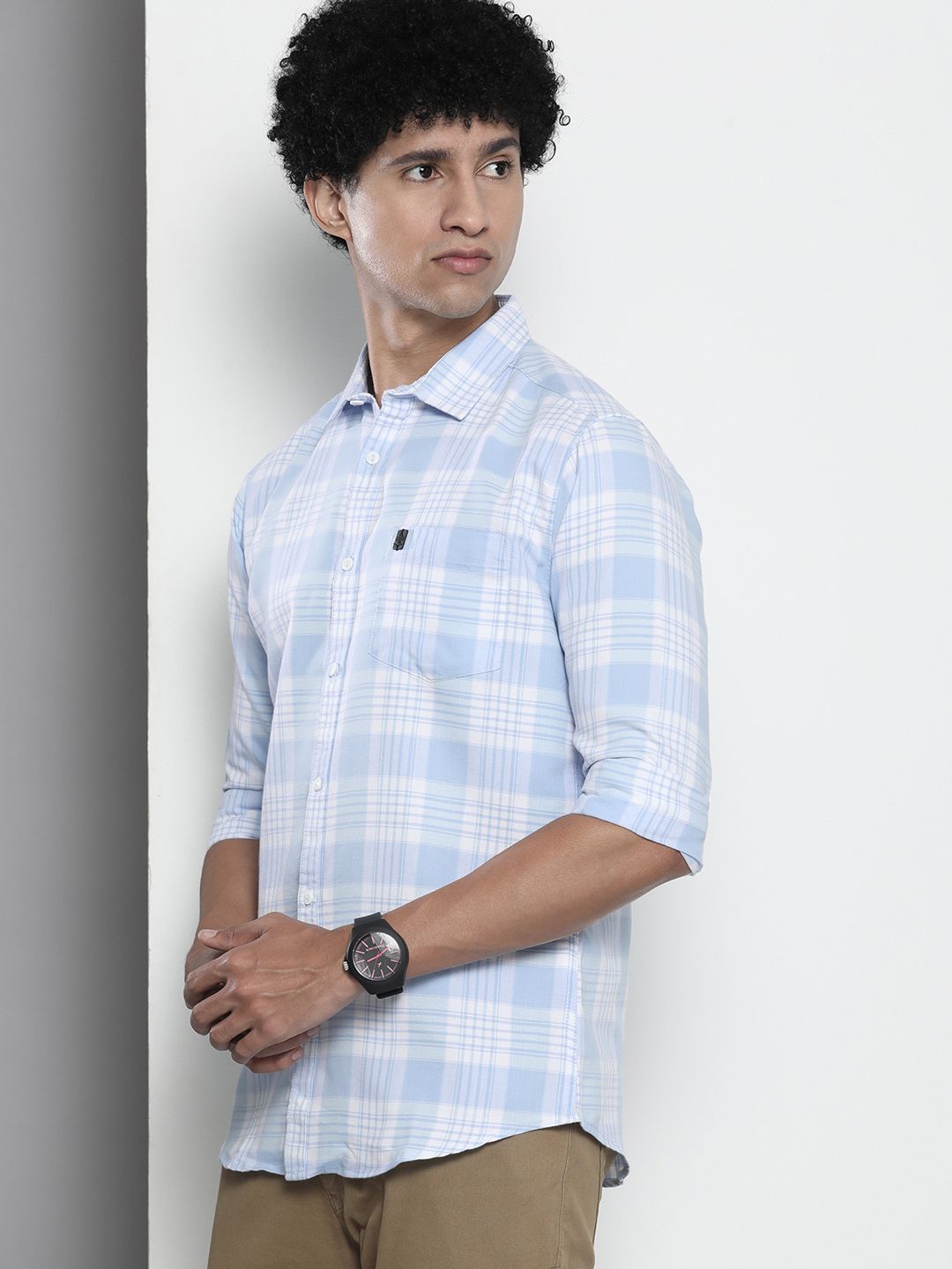 The Indian Garage Co Men Blue & White Gingham Checked Pure Cotton Casual Shirt