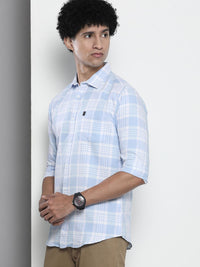 The Indian Garage Co Men Blue & White Gingham Checked Pure Cotton Casual Shirt