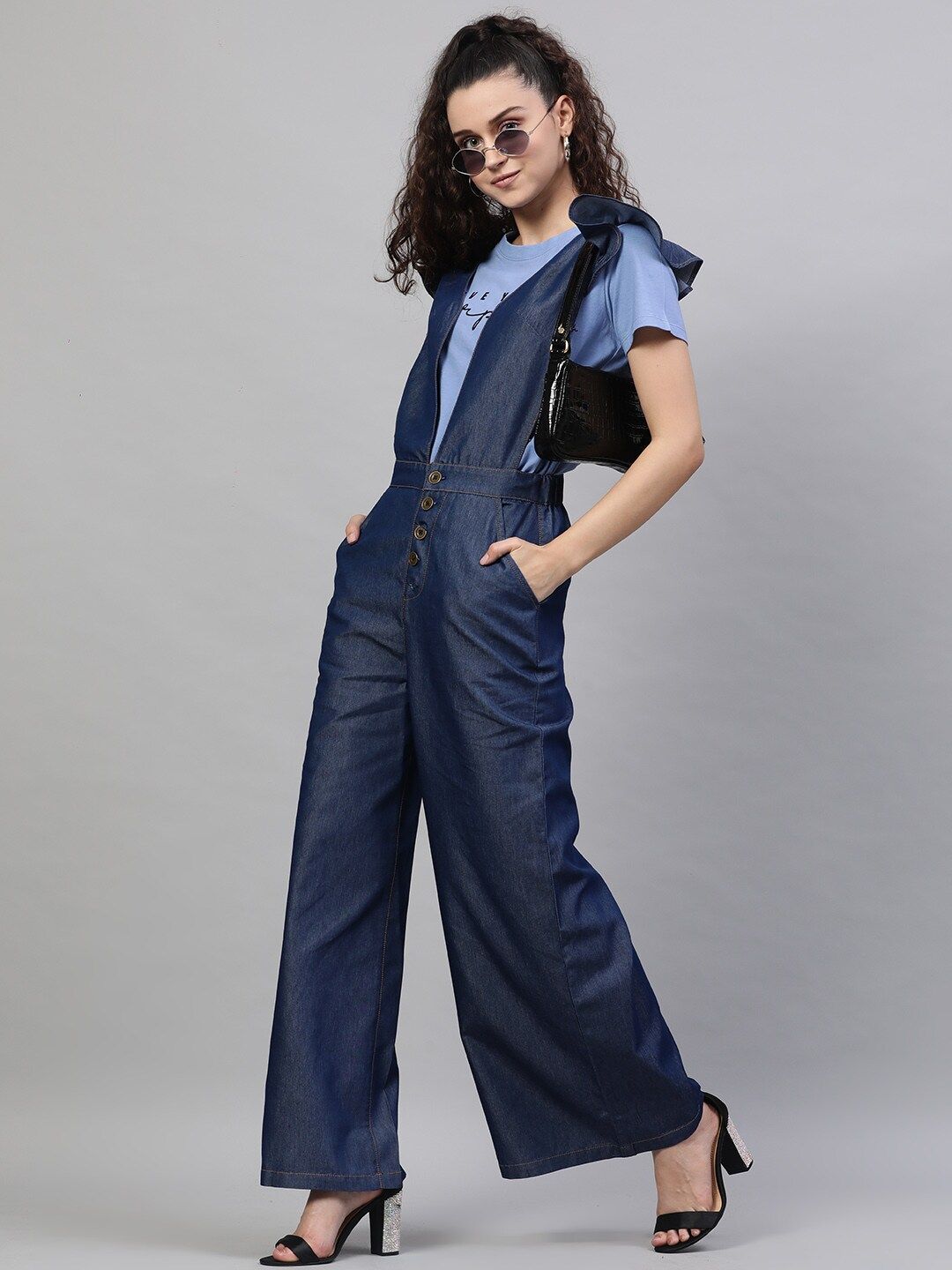 STREET 9 Women Blue Solid Denim Front Open Jumpsuit