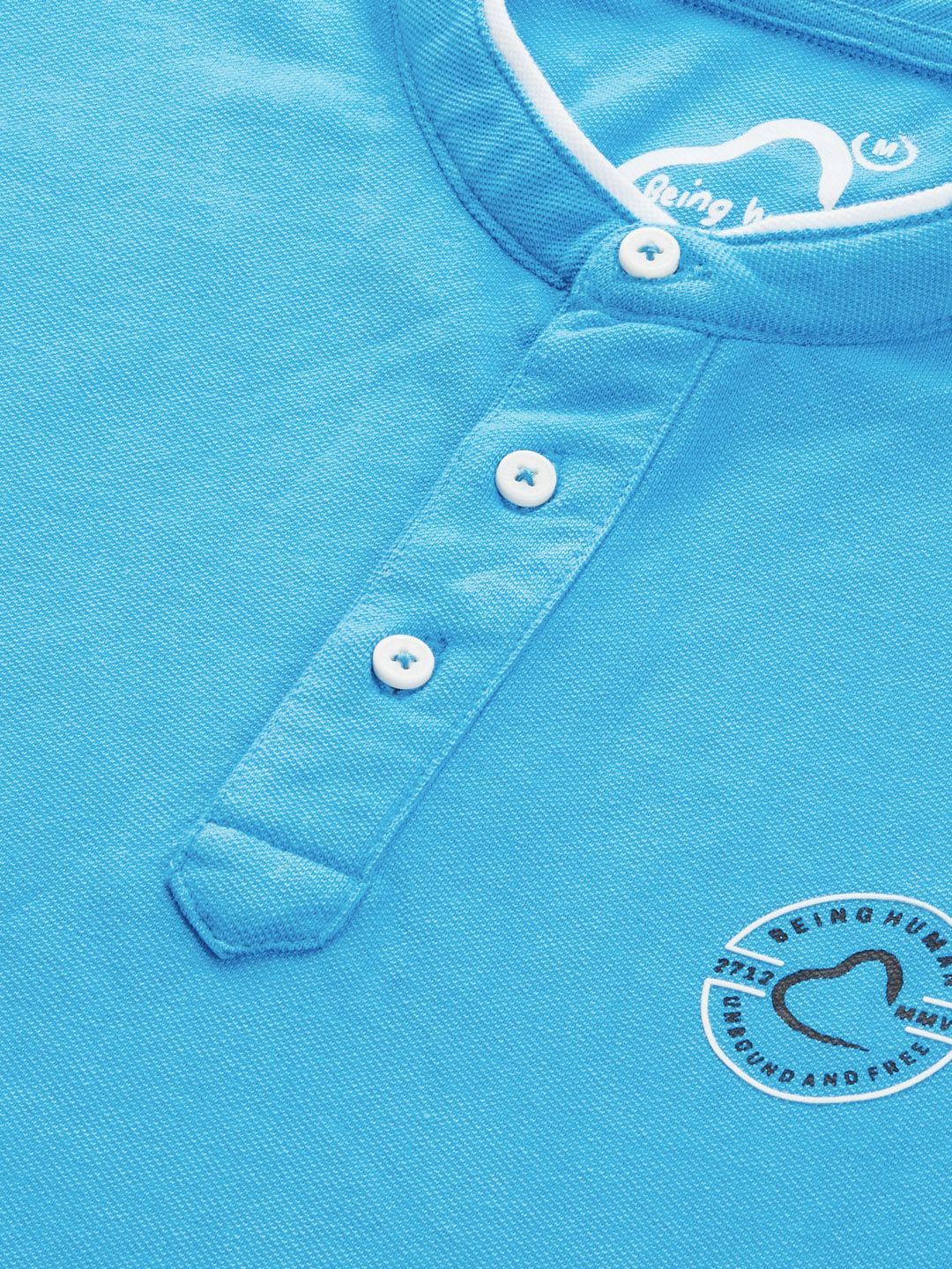 Menjadi T-Shirt Lelaki Mandarin Mandarin Biru T-shirt Slim Cotton Fit dengan Cetakan Logo Jenama
