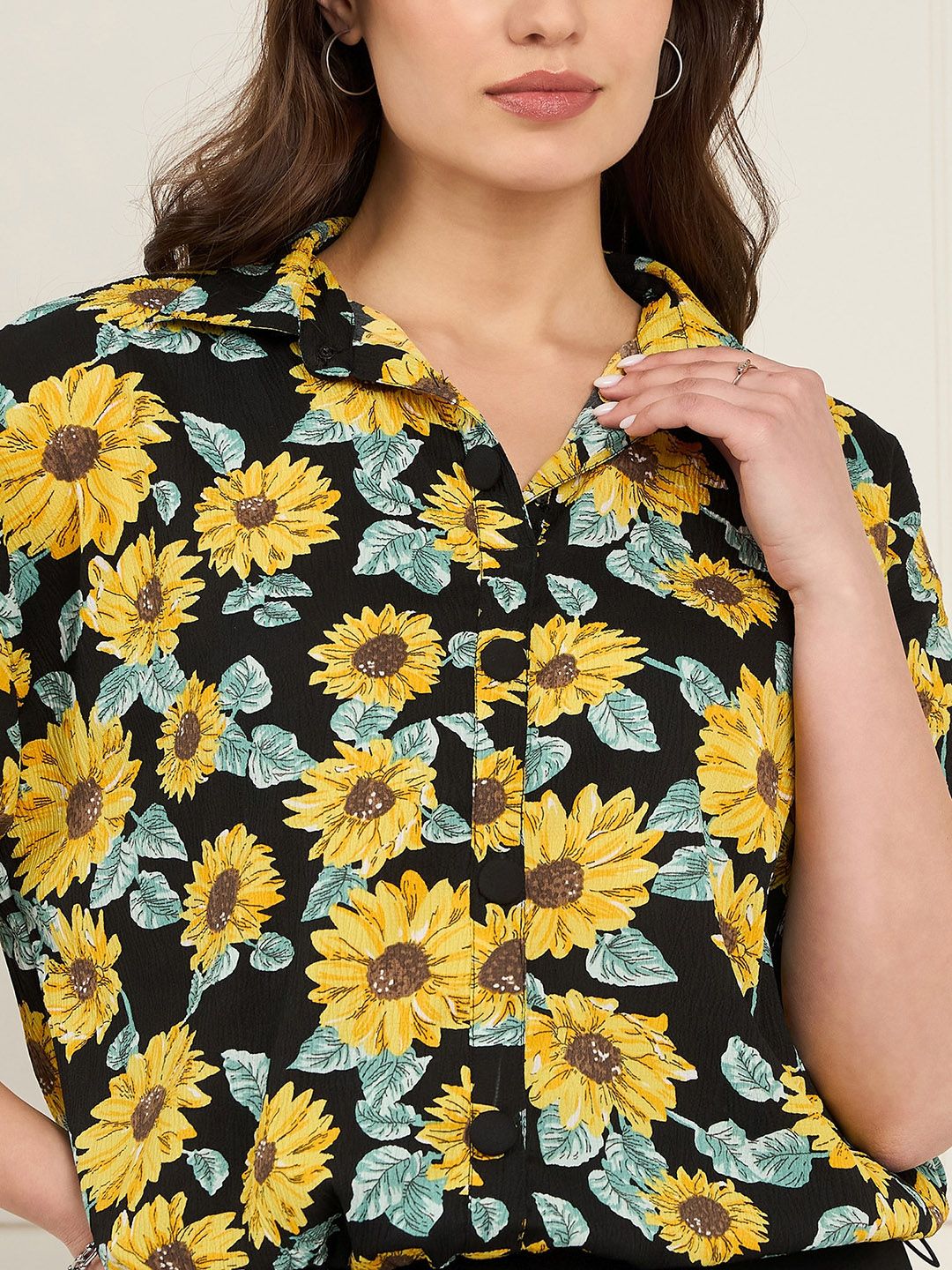 Antheaa Black Floral Printed Shirt With Flared Slit Skirt