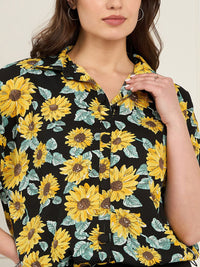 Antheaa Black Floral Printed Shirt With Flared Slit Skirt