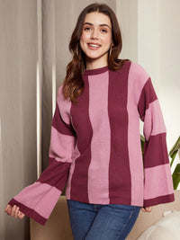 Berrylush Pink & Maroon Striped Acrylic Pullover Sweater