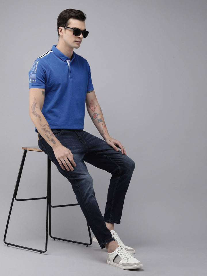 SPYKAR Men Polo Collar Indigo Pure Cotton Slim Fit T-shirt With Shoulder Taping Detail