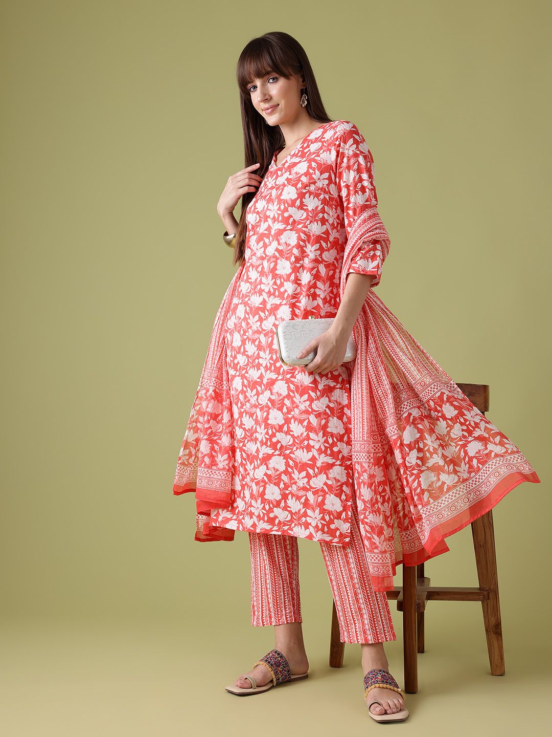 Anouk Floral Print Pure Cotton Kurta with Trousers & Dupatta
