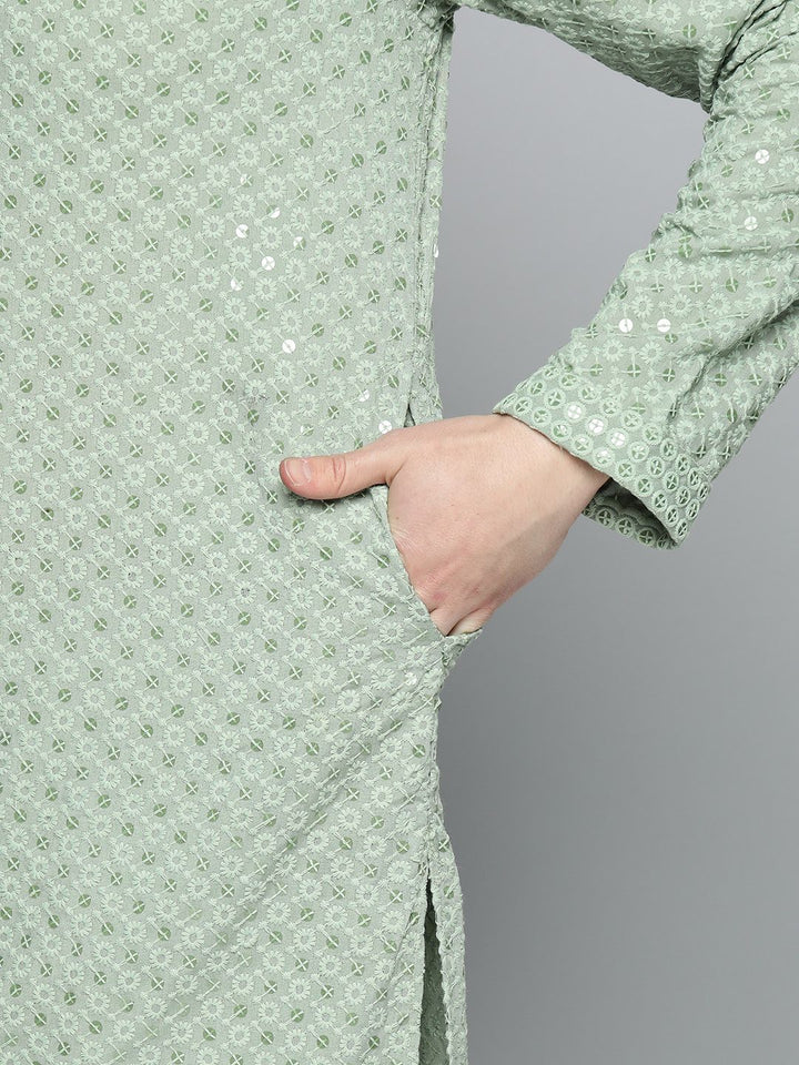 Jompers Men Floral Embroidered Chikankari Pure Cotton Kurta with Pyjamas