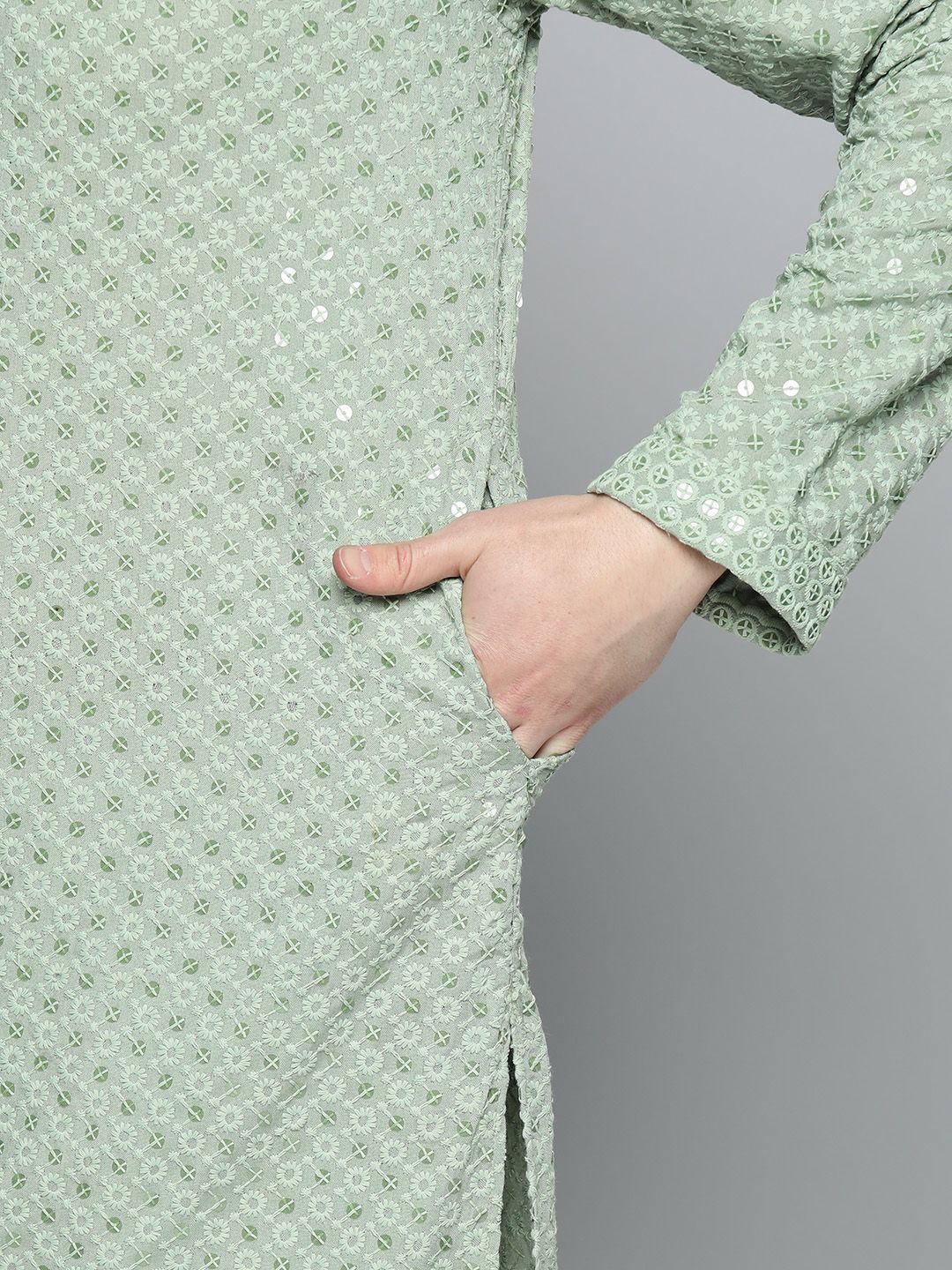 Jompers Men Floral Embroidered Chikankari Pure Cotton Kurta with Pyjamas