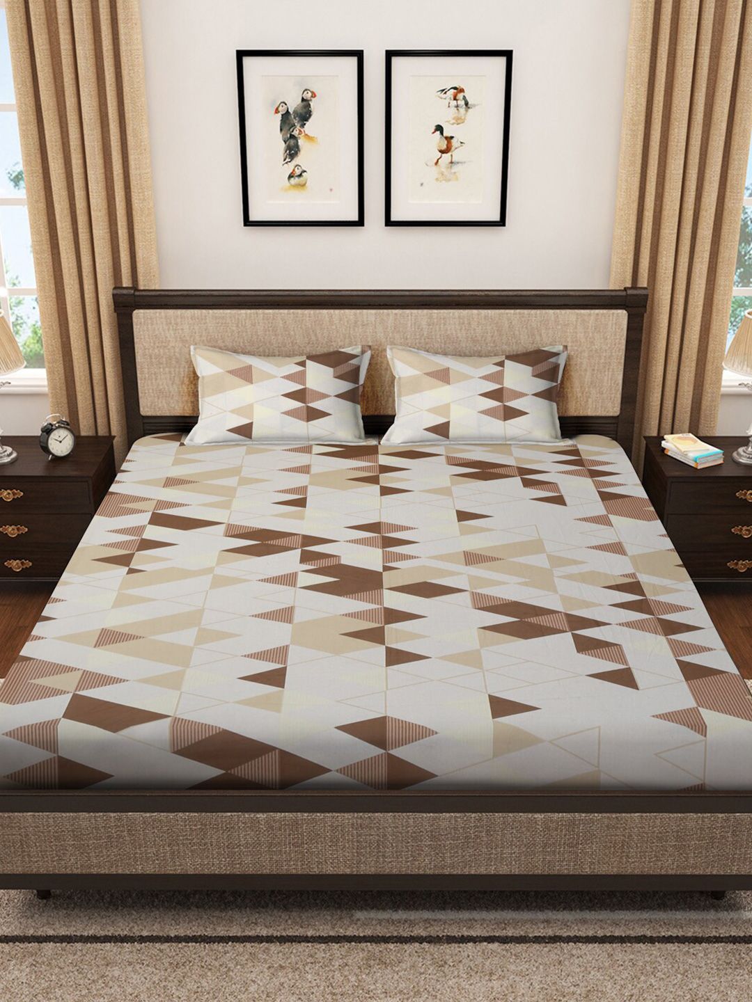 KLOTTHE Coklat Geometric Kapas Tulen 400 TC Cadar King Superfine dengan 2 Sarung Bantal-98 x 89 inci