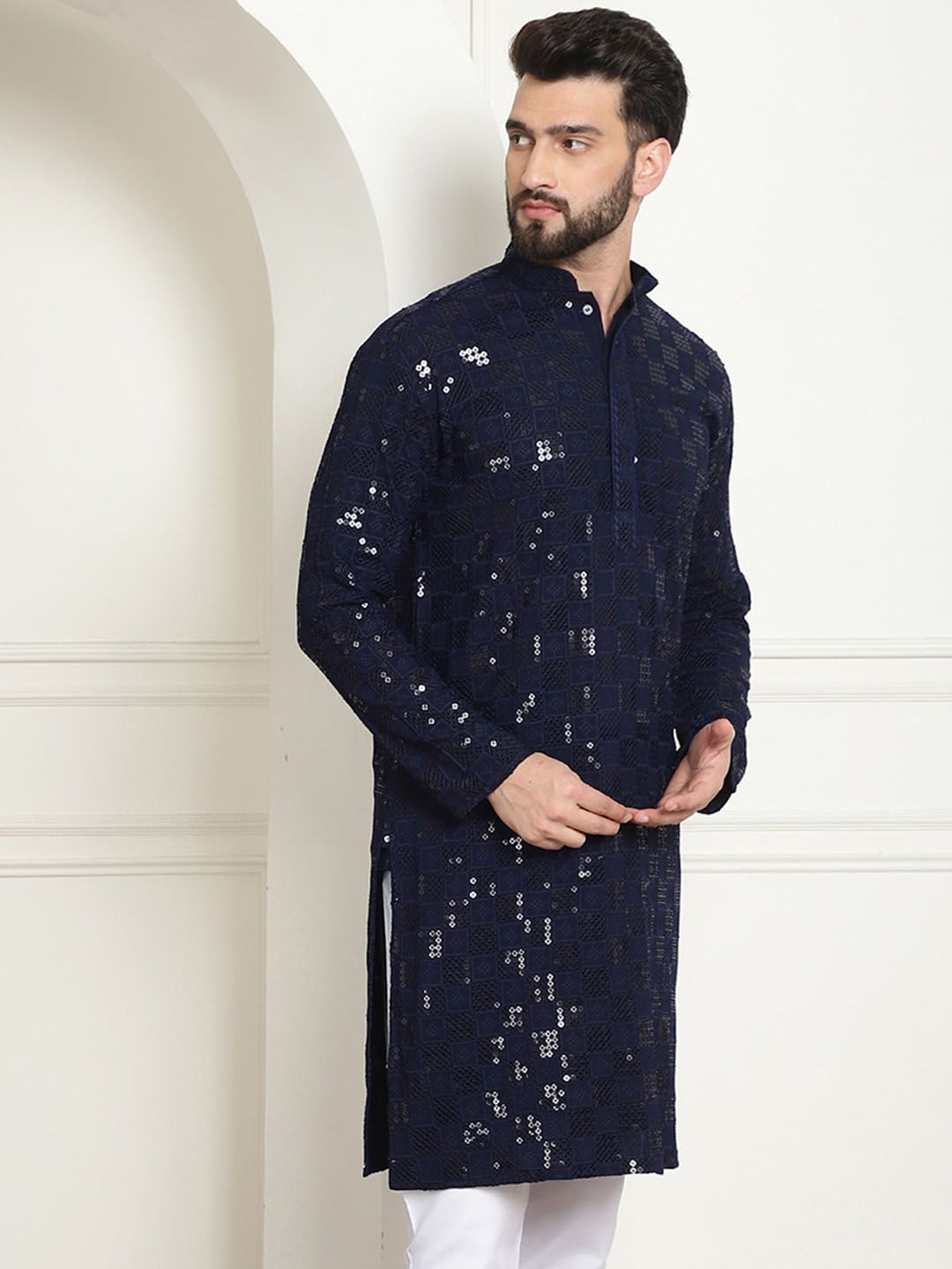SOJANYA Geometric Embroidered Sequinned Pure Cotton Kurta