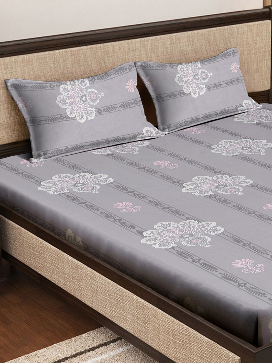 KLOTTHE Grey Printed Pure Cotton 400 TC Fitted Double King Bedsheet With 2 Pillow Covers