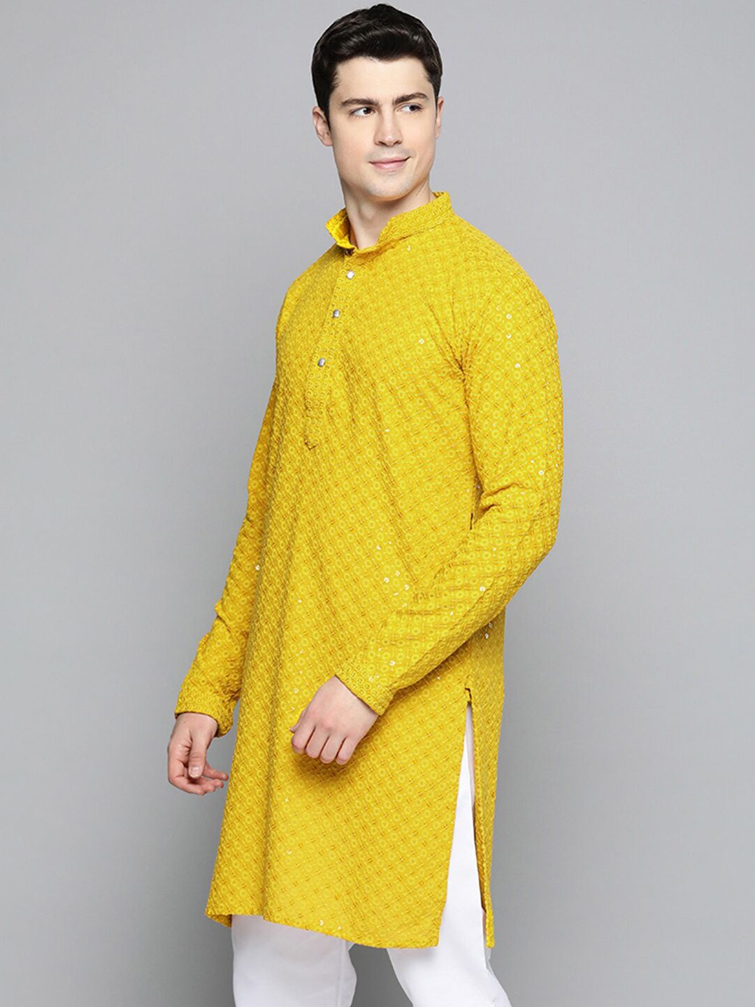 Jompers Floral Embroidered Sequinned Chikankari Cotton Kurta