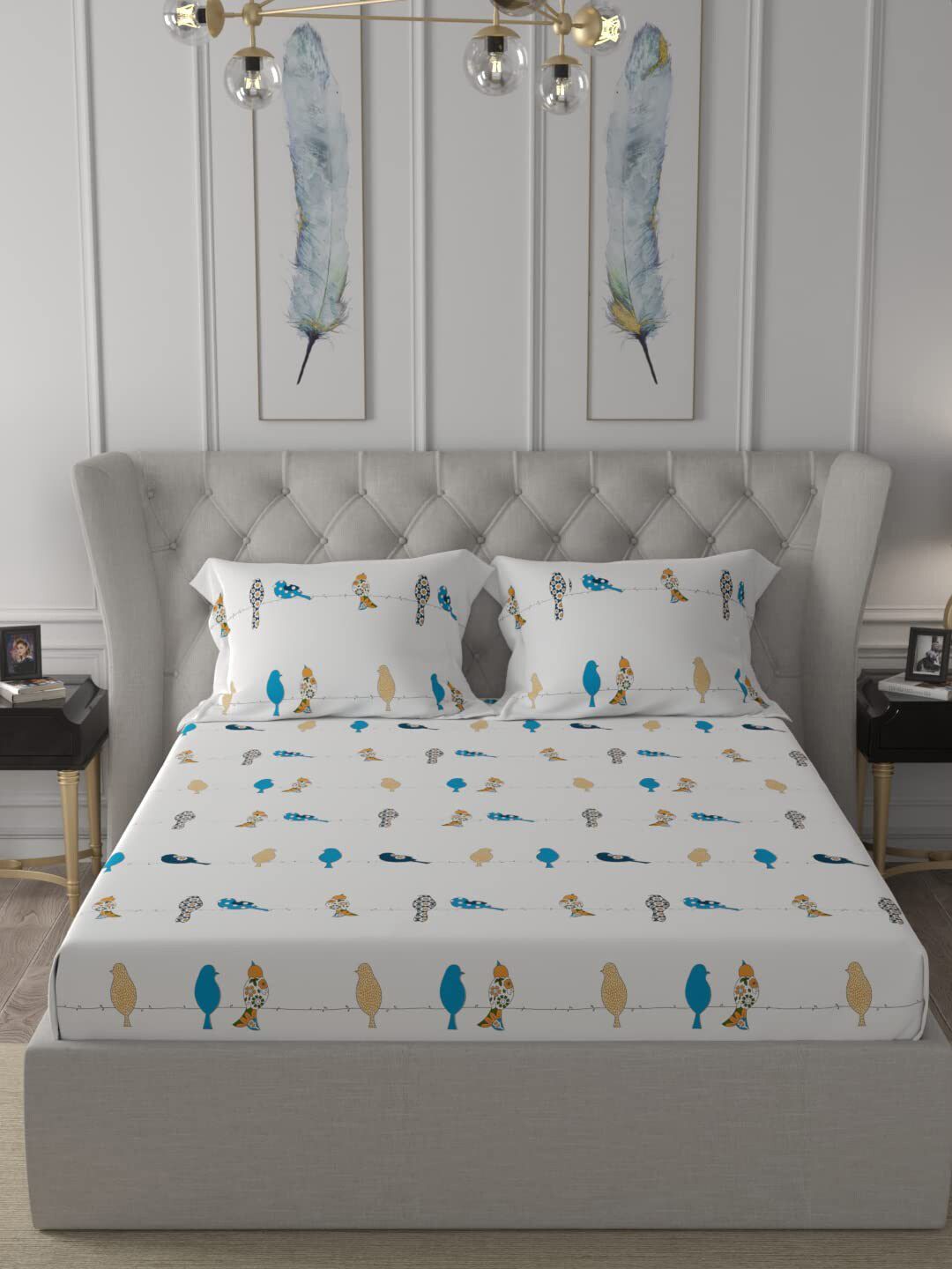 URBAN SPACE Blue 144 TC Cotton King Bedsheet with 2 Pillow Covers