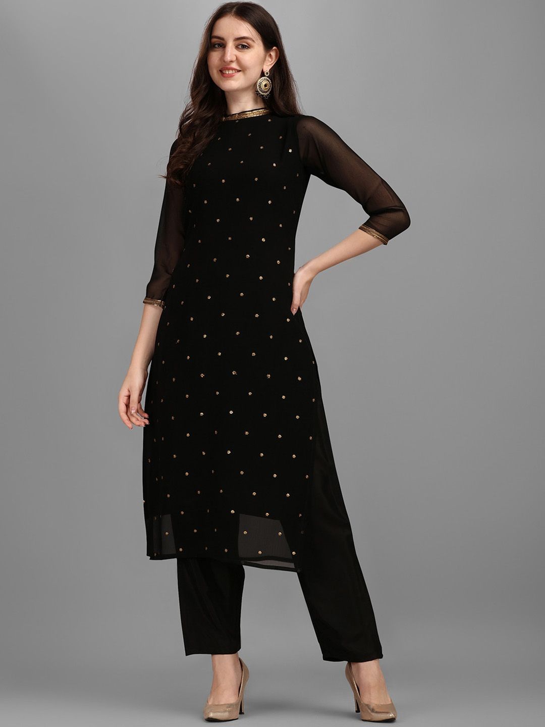 KALINI Floral Embellished Regular Straight Kurta With Trousers