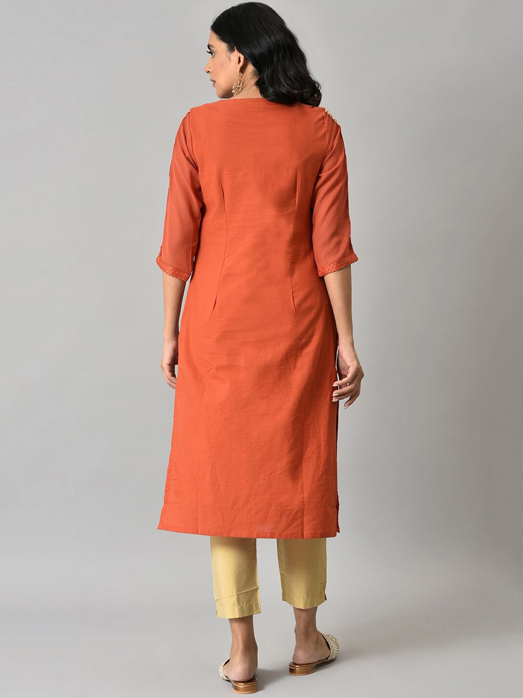 W Women Orange Ethnic Motifs Woven Design With Zari Work Kurta
