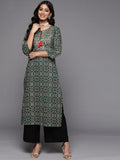 Varanga Women Green & Golden  Cotton Ethnic Motifs Printed Straight Kurta