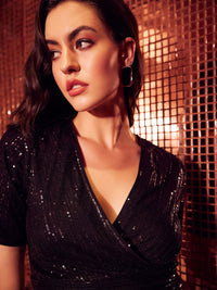 Athena Black Embellished V-Neck Sequin Crop Top