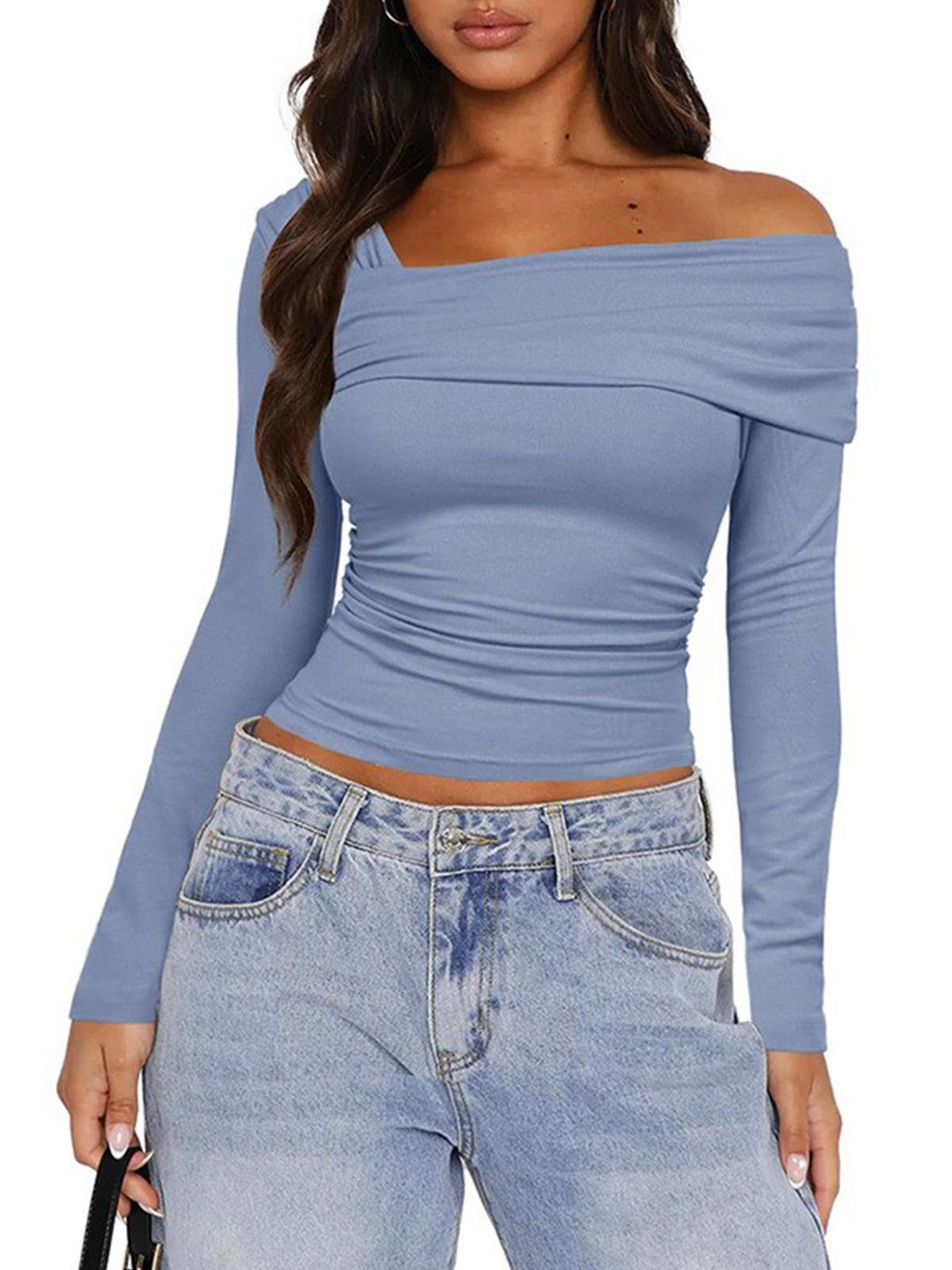 all about you Blue Asymmetric Neck Gathered Detailed Fitted Crop Top