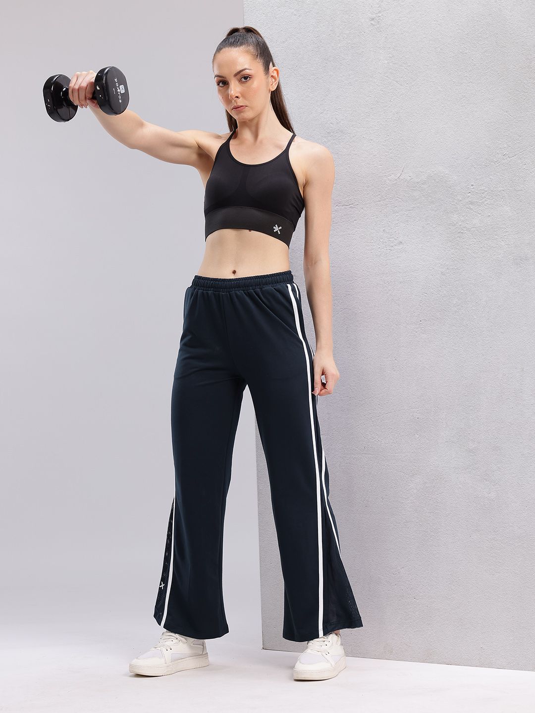 HRX by Hrithik Roshan Women Flared Fit Mesh Inserts Training Track Pants with Side Stripes