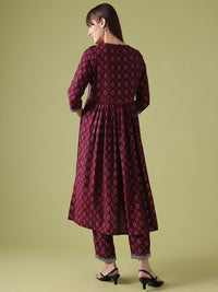 Anouk Ethnic Motifs Print Pleated Thread-Work Kurta with Trousers