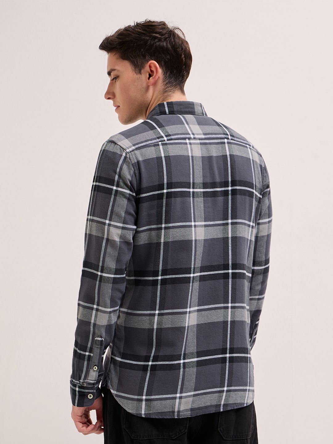 THE BEAR HOUSE Men Grey Flannel Slim Fit Pure Cotton Checked Casual Shirt