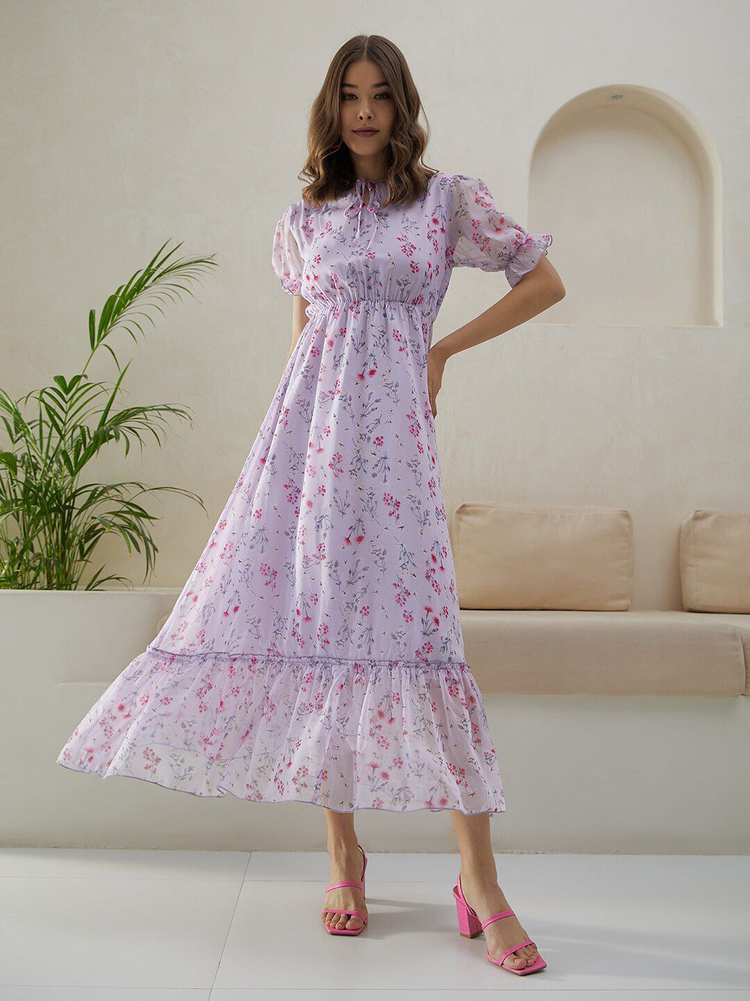 Berrylush Purple Floral Printed Tie-Up Neck Puff Sleeves Gathered A-Line Midi Dress
