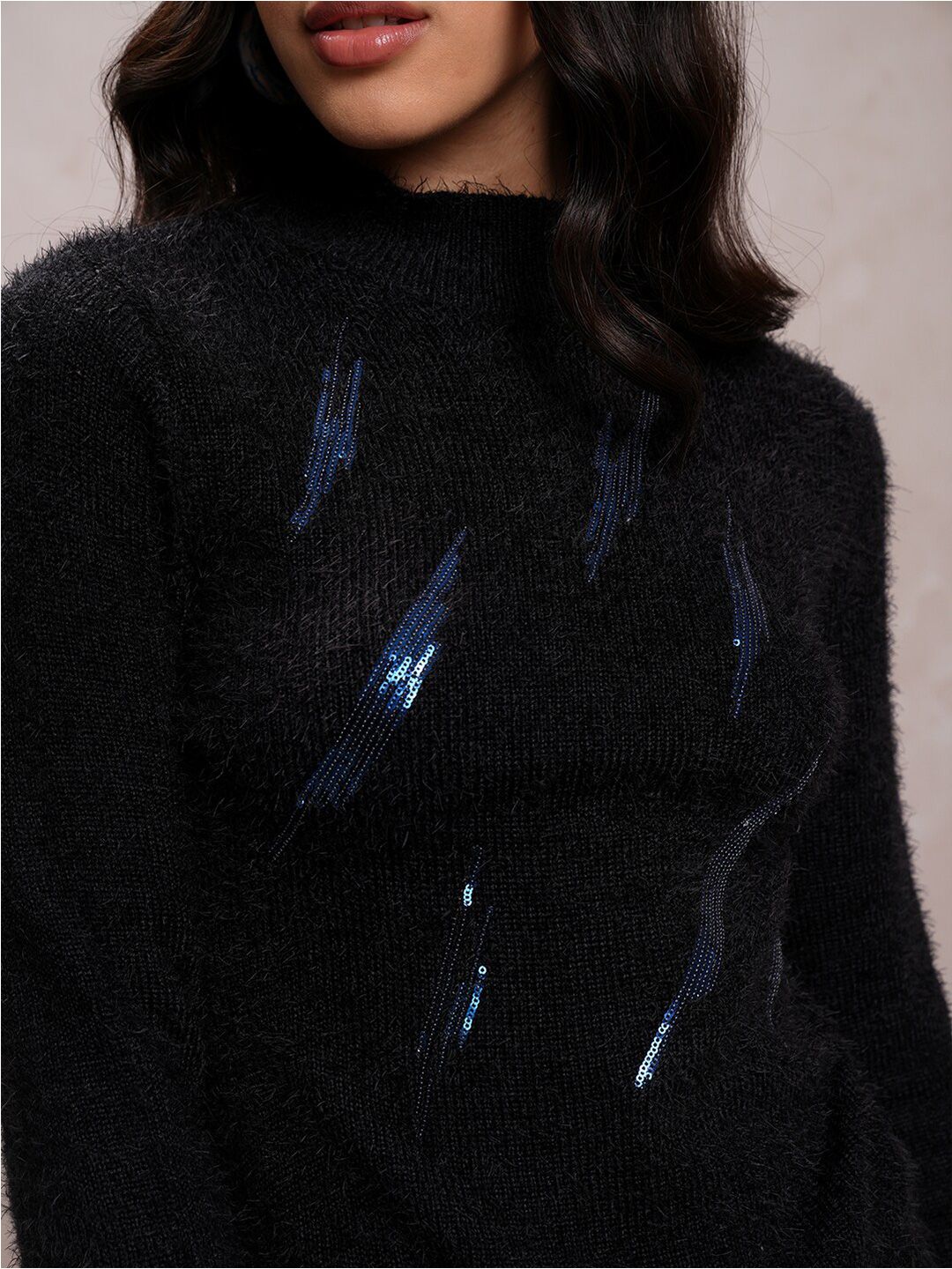 Tokyo Talkies Black Embellished High Neck Acrylic Pullover