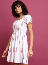 Vishudh White Ethnic Motif Printed PuffSleeve Fit & Flare Dress