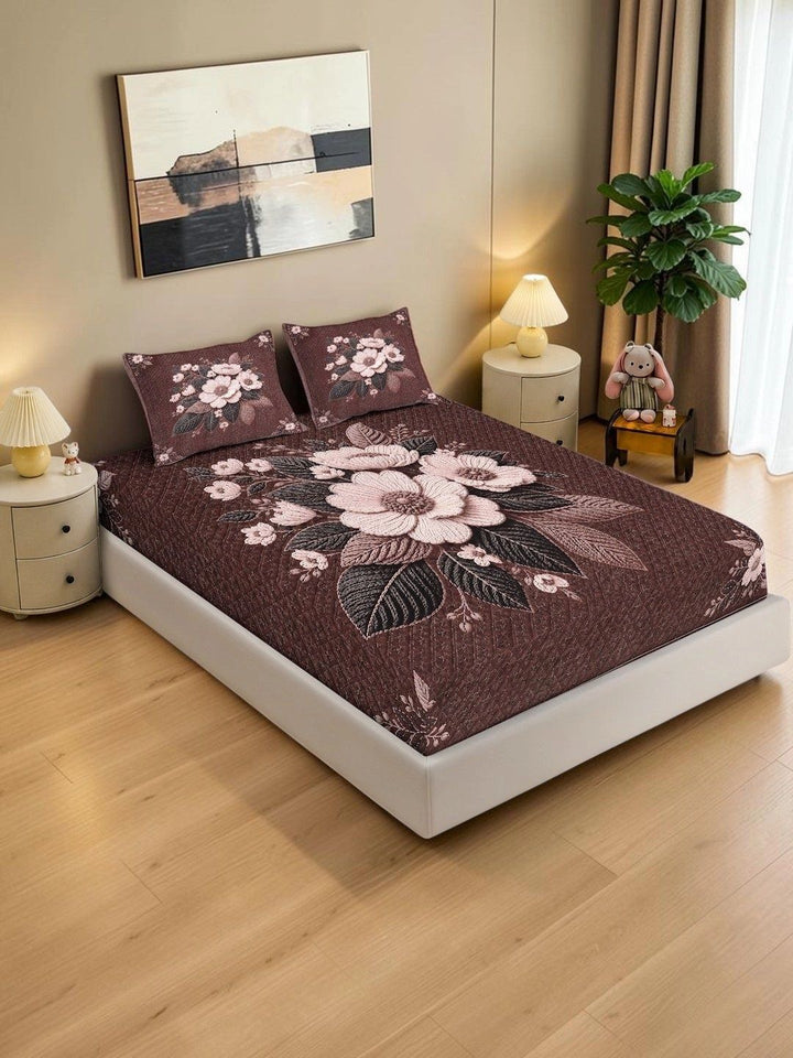 KLOTTHE Coklat & Pink Floral 400 TC Cadar King dengan 2 Sarung Bantal