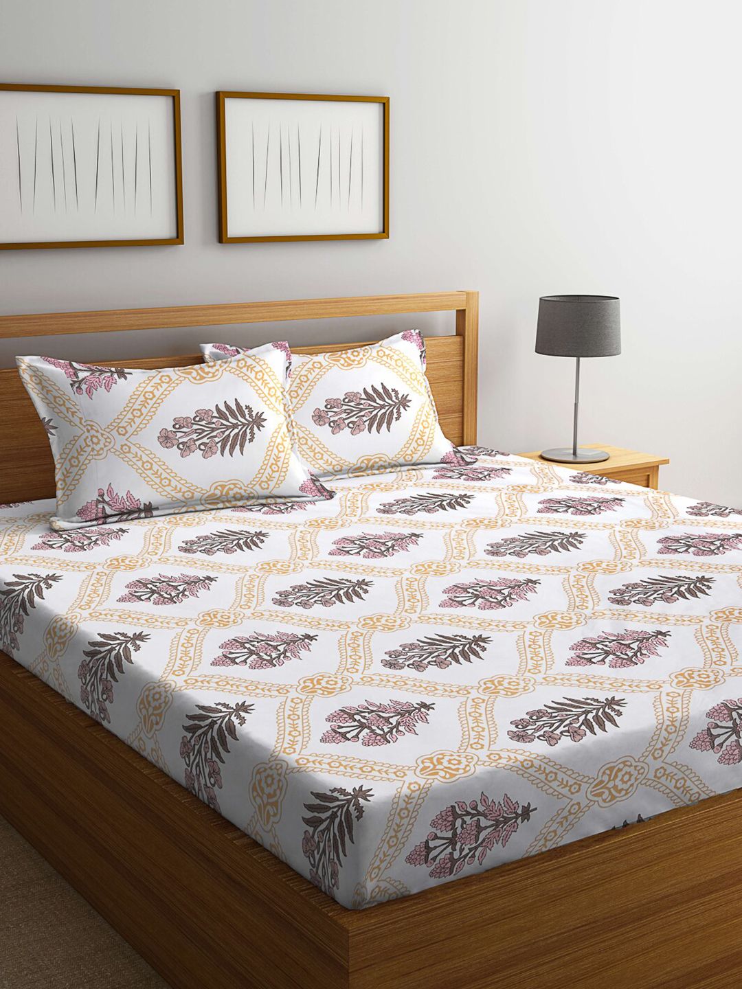 KLOTTHE White Floral Cotton 300 TC King Fine Bedsheet with 2 Pillow Covers-250 x 225 cm