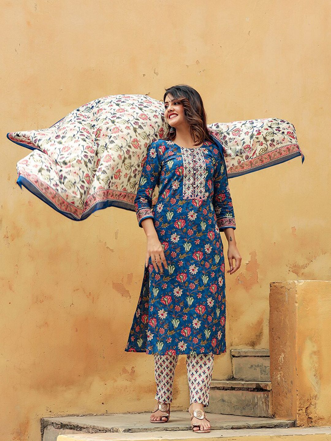 KALINI Floral Printed Gotta Patti Kurta & Trousers With Dupatta