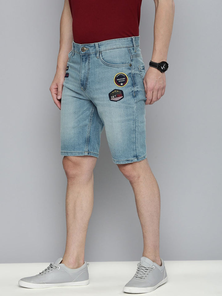 The Indian Garage Co Men Blue Typography Printed Slim Fit Denim Shorts