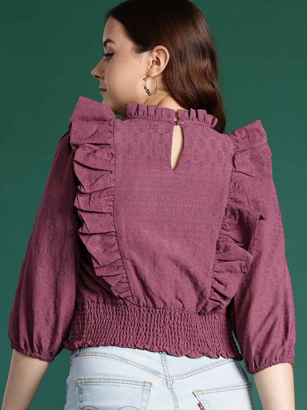 DressBerry Puff Sleeves Ruffled Blouson Top