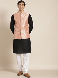 SOJANYA Men Black Ethnic Motifs Chikankari Pure Cotton Kurta with Churidar & Nehru Jacket
