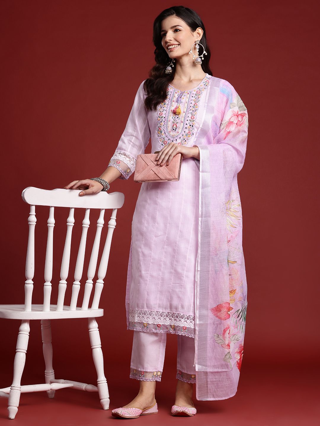 Indo Era Floral & Mirror Embellished Pure Cotton Kurta with Trousers & Dupatta