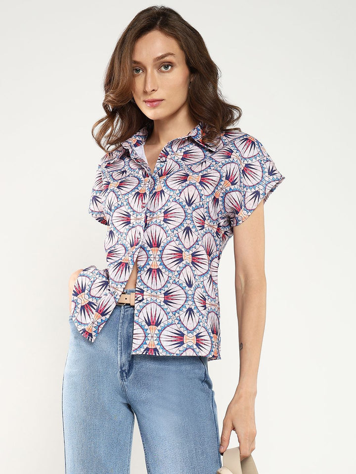 Rareism Geometric Print Extended Sleeves Shirt Shirt Gaya Atas