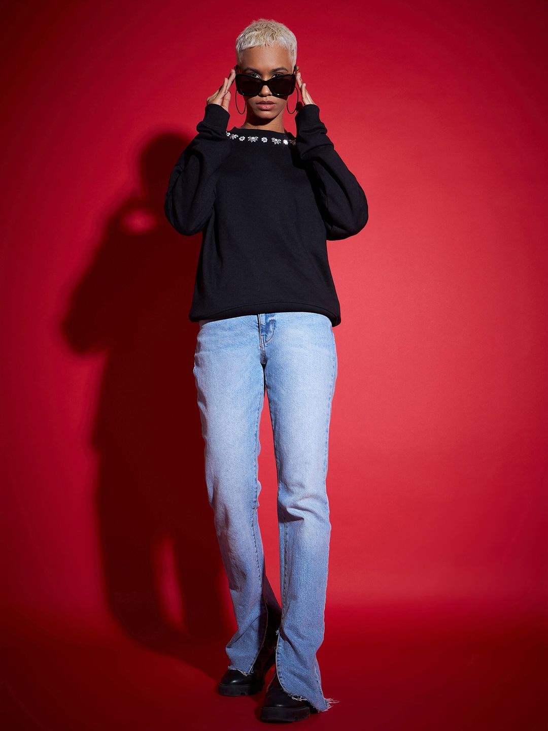 SASSAFRAS Black Floral Embellished Round Neck Cotton Pullover Sweatshirt
