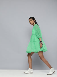 SASSAFRAS Women Green Solid Tiered Puff Sleeves A-Line Dress