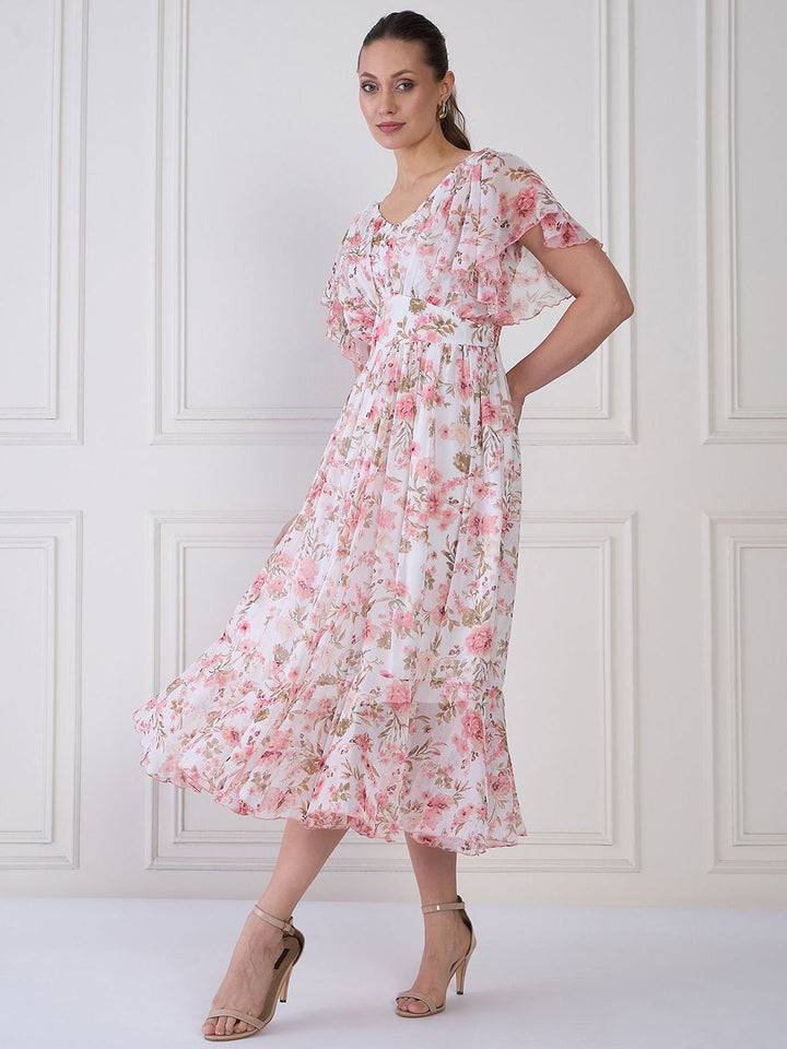 Antheaa Women Floral Print Flared Sleeve Layered Fit & Flare Midi Dress