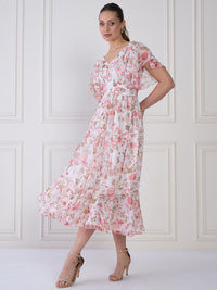 Antheaa Women Floral Print Flared Sleeve Layered Fit & Flare Midi Dress