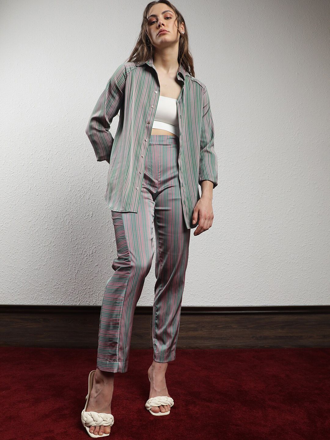 RAREISM Women Slim Fit Striped High-Rise Trousers