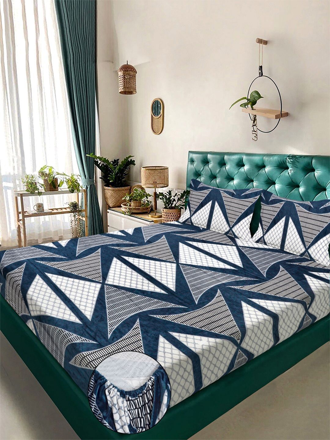 KLOTTHE Blue Geometric Printed Fitted Woolen 300 TC King Bedsheet With 2 Pillow Cover